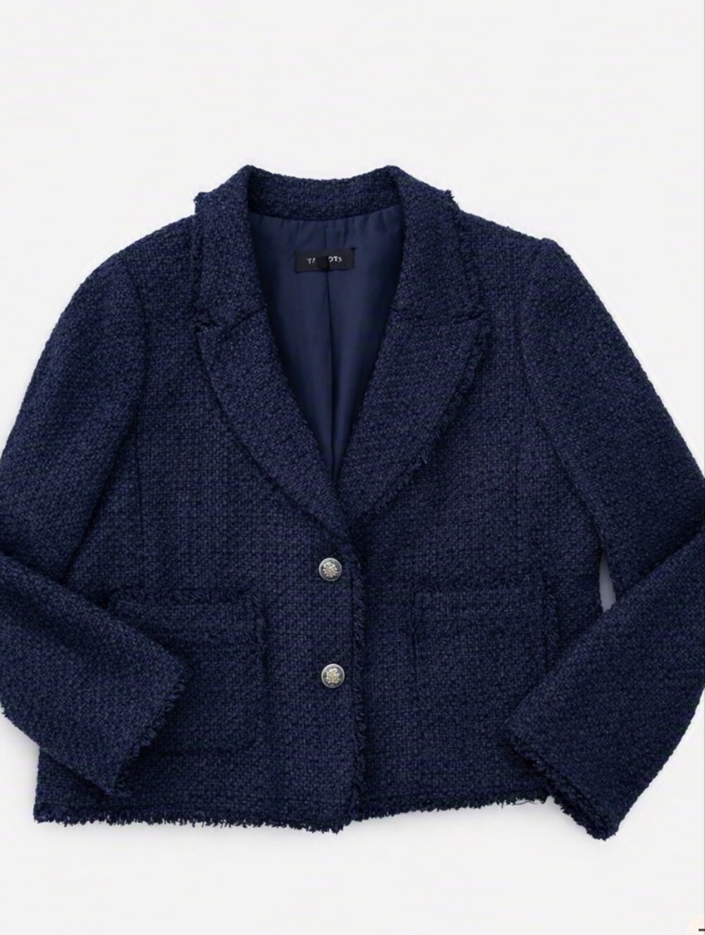 Talbots Dark Blue Cotton Blend Bouclé Frayed Trim Crest Button Blazer Size 14